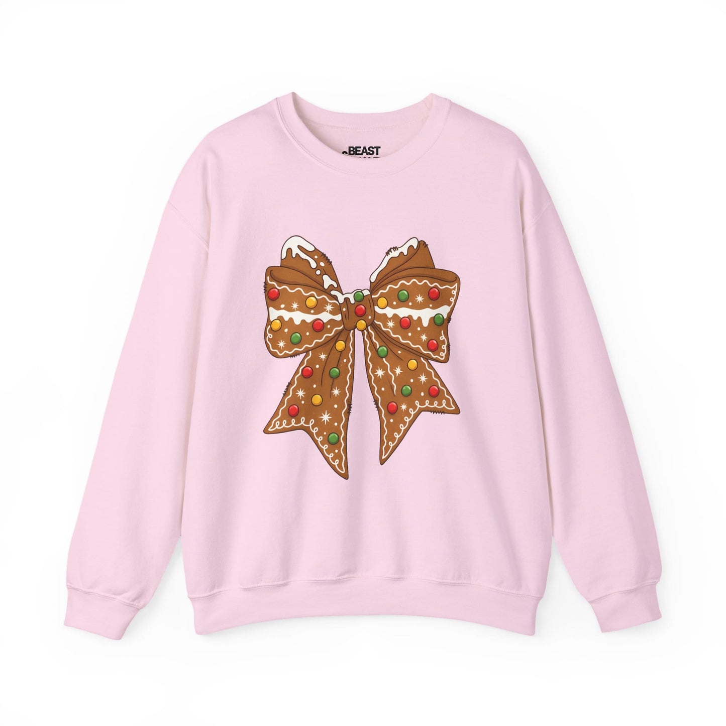light pink sweatshirt with gingerbread bow festive design