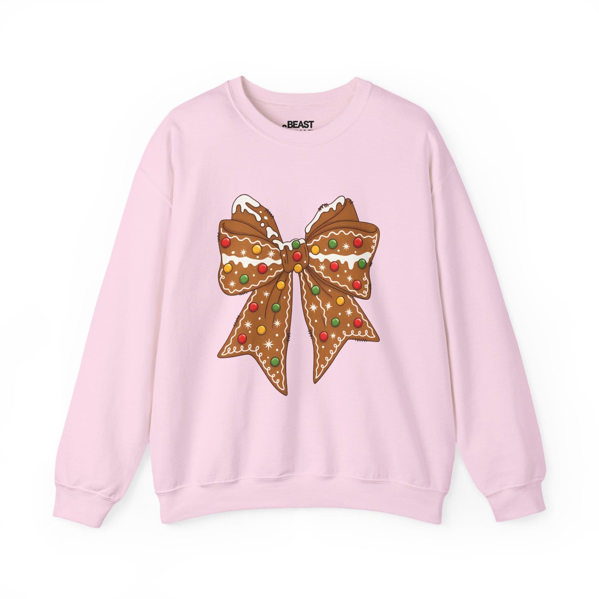 light pink sweatshirt with gingerbread bow festive design