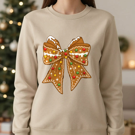 Gingerbread Bow Christmas Sweatshirt worn, lifestyle photo