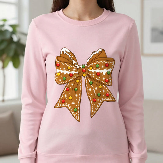 Gingerbread Bow Christmas Sweatshirt in Light Pink, worn, our photo