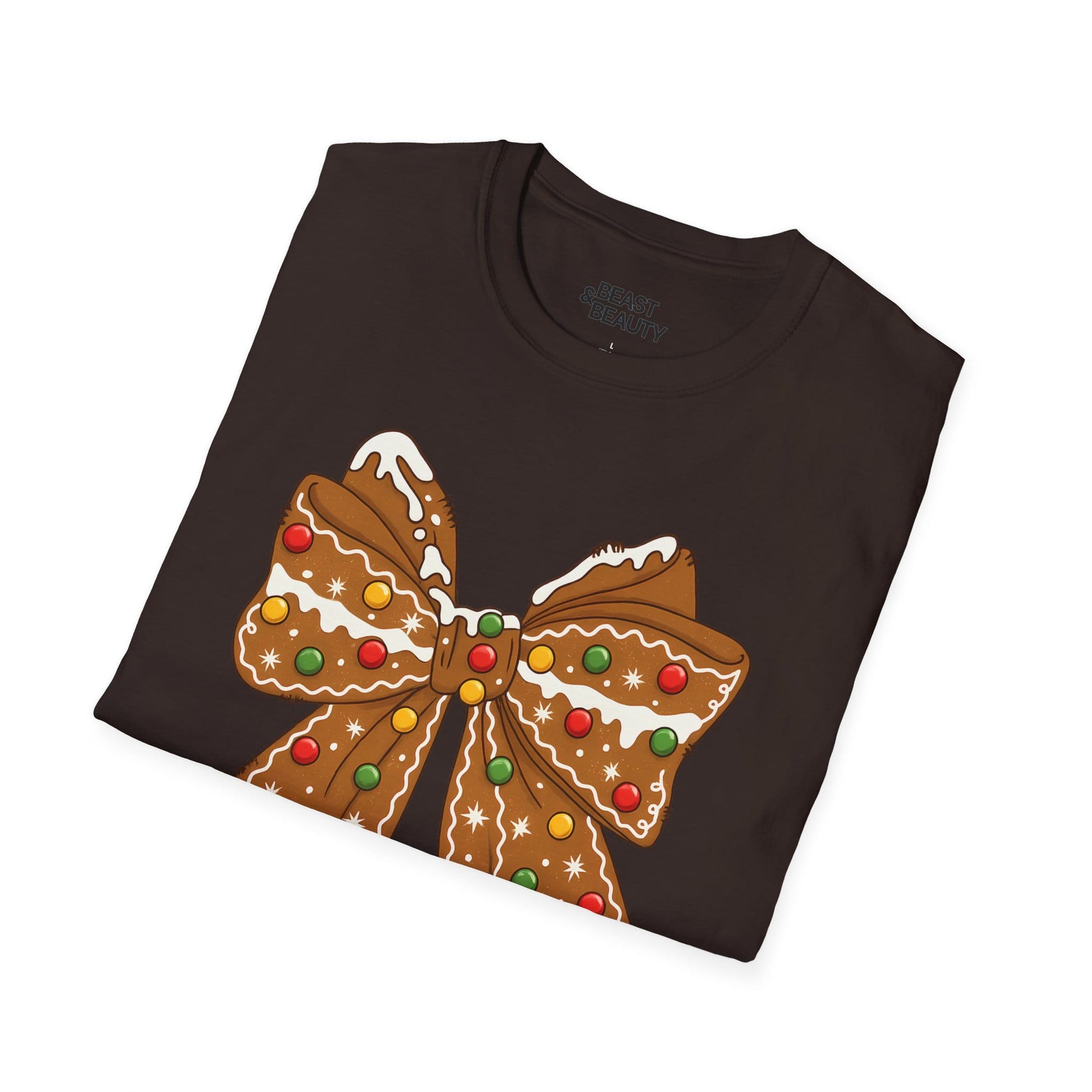 gingerbread coquette bow Christmas t-shirt detail close-up