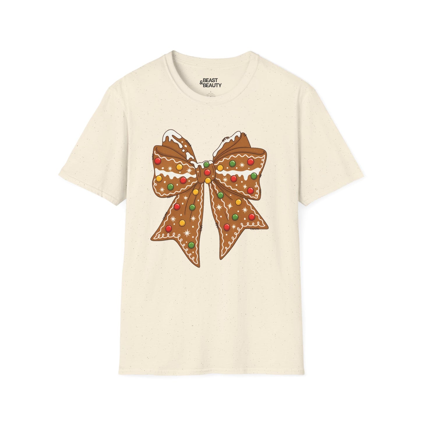 natural t-shirt with gingerbread coquette bow icing details