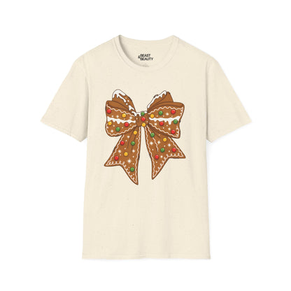 natural t-shirt with gingerbread coquette bow icing details