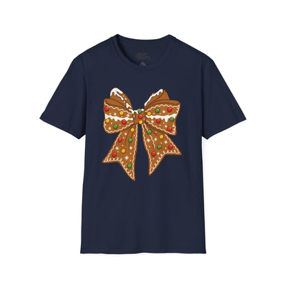 navy t-shirt with gingerbread coquette bow festive graphic