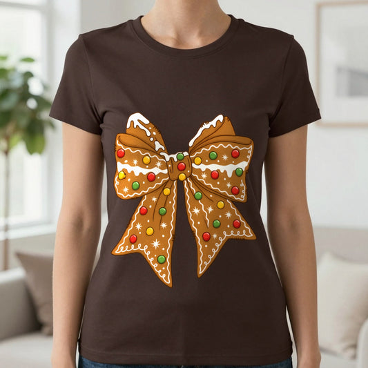 Gingerbread Coquette Bow Christmas T-Shirt in Dark Chocolate, worn, our photo