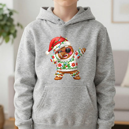 Gingerbread Dab Christmas Kids Hoodie in Sport Grey, worn, our photo