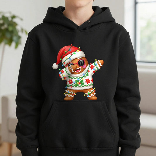 Gingerbread Dab Christmas Kids Hoodie in Black, worn, our photo