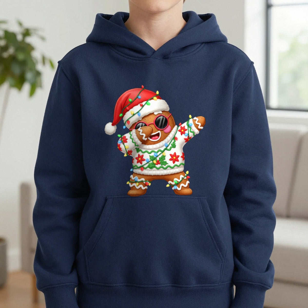 Gingerbread Dab Christmas Kids Hoodie in Navy, worn, our photo