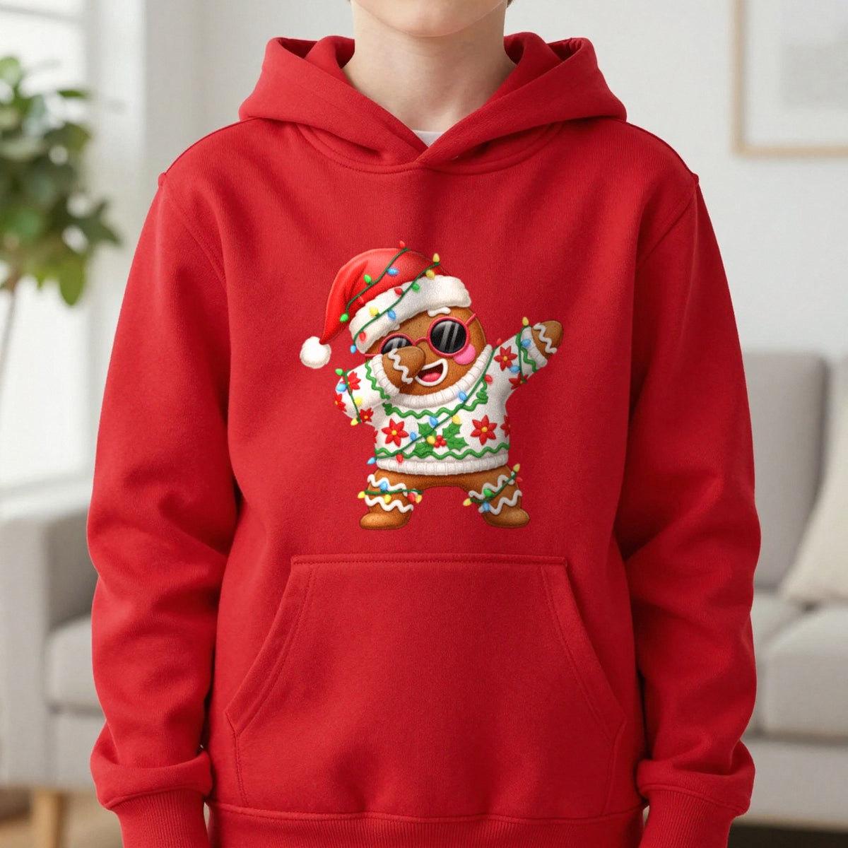 Gingerbread Dab Christmas Kids Hoodie in Red, worn, our photo