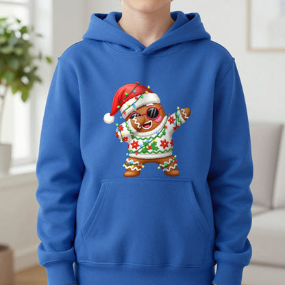 Gingerbread Dab Christmas Kids Hoodie in Royal, worn, our photo