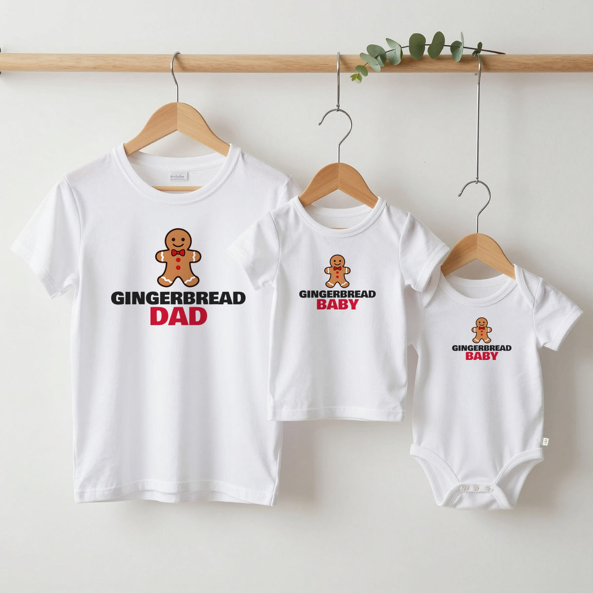 Gingerbread Dad & Gingerbread Baby Christmas matching set grown-up tee, kids tee and baby grow on hangers