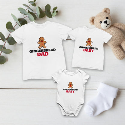 Gingerbread Dad & Gingerbread Baby Christmas matching set flat lay with kids tee