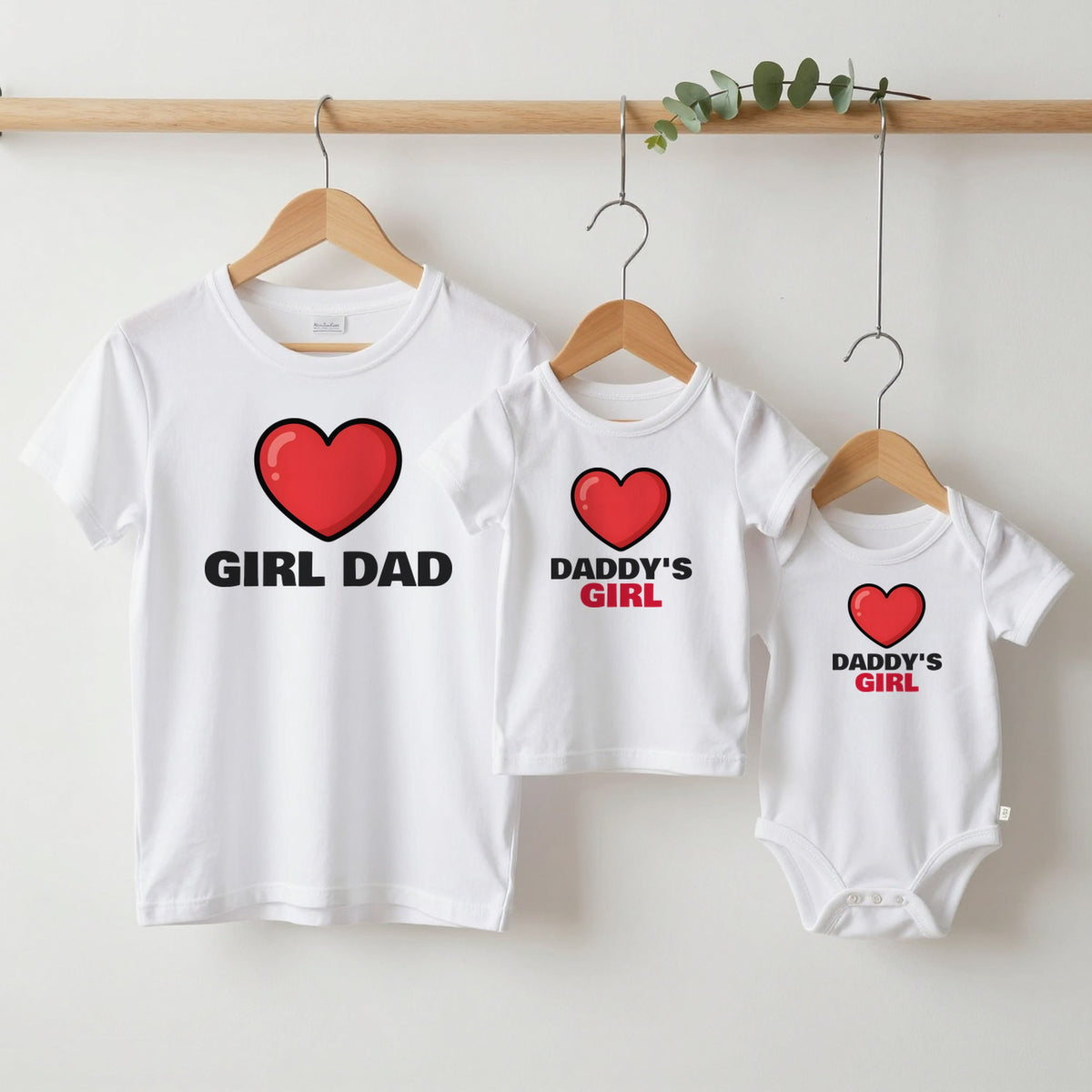 Girl Dad & Daddy's Girl matching set grown-up tee, kids tee and baby grow on hangers
