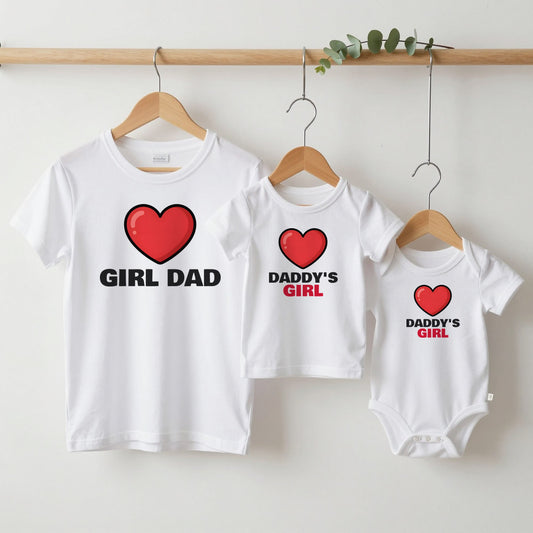 Girl Dad & Daddy's Girl matching set grown-up tee, kids tee and baby grow on hangers