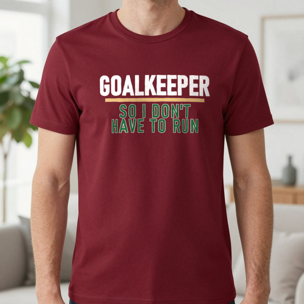 Goalkeeper So I Don't Have To Run Funny Football T-Shirt & Sweatshirt in Cherry Red, worn, our photo