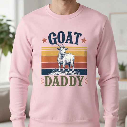 GOAT Daddy Funny Dad Sweatshirt in Light Pink, worn, our photo