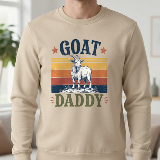 GOAT Daddy Funny Dad Sweatshirt in Sand, worn, our photo