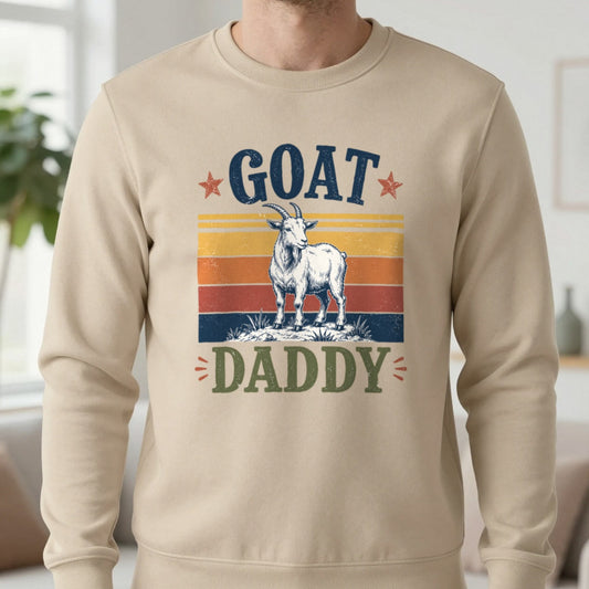 GOAT Daddy Funny Dad Sweatshirt in Sand, worn, our photo