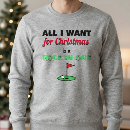 All I Want For Christmas Is A Hole In One Golf Christmas Jumper & T-Shirt in Sport Grey (Sweatshirt), worn, our photo