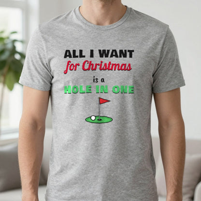 All I Want For Christmas Is A Hole In One Golf Christmas Jumper & T-Shirt in Sport Grey (T-Shirt), worn, our photo