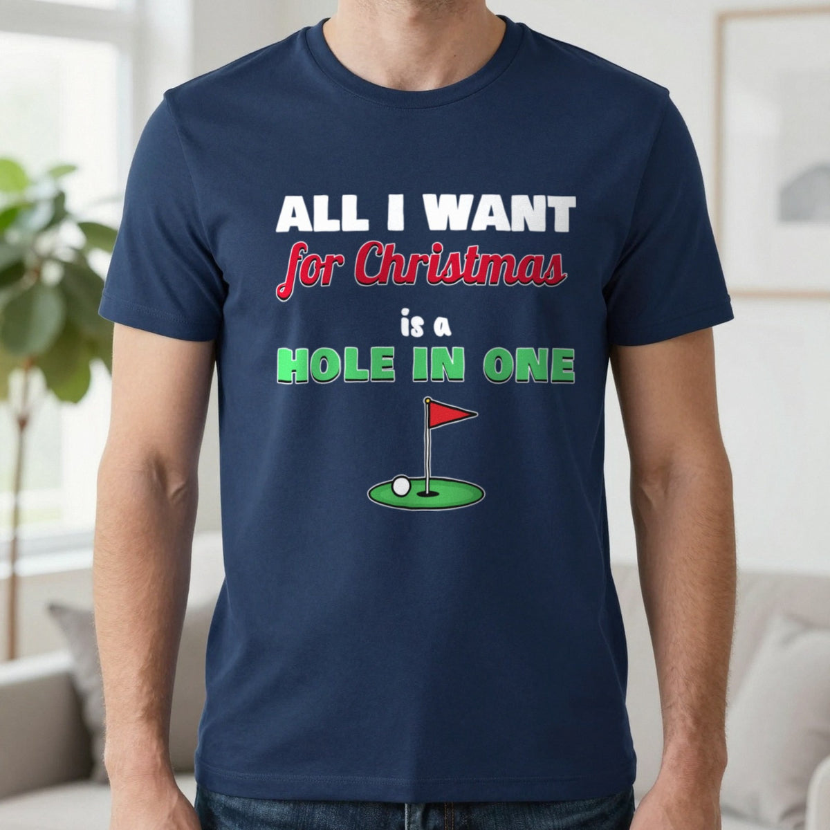 All I Want For Christmas Is A Hole In One Golf Christmas Jumper & T-Shirt in Navy (T-Shirt), worn, our photo