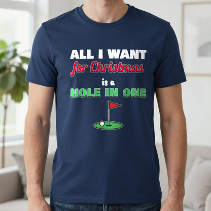 All I Want For Christmas Is A Hole In One Golf Christmas Jumper & T-Shirt in Navy (T-Shirt), worn, our photo