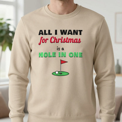 All I Want For Christmas Is A Hole In One Golf Christmas Jumper & T-Shirt in Sand (Sweatshirt), worn, our photo