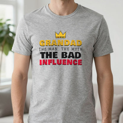 Grandad The Man The Myth The Bad Influence Funny T-Shirt & Sweatshirt in Sport Grey (T-Shirt), worn, our photo