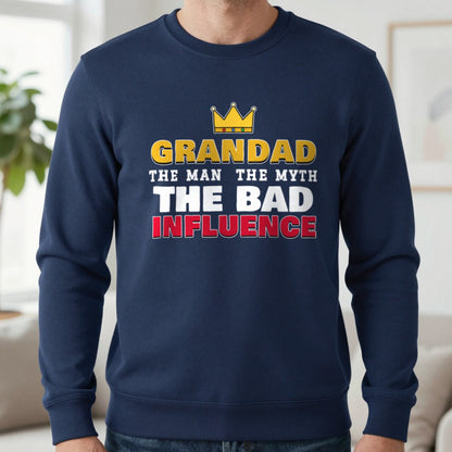 Grandad The Man The Myth The Bad Influence Funny T-Shirt & Sweatshirt in Navy (Sweatshirt), worn, our photo