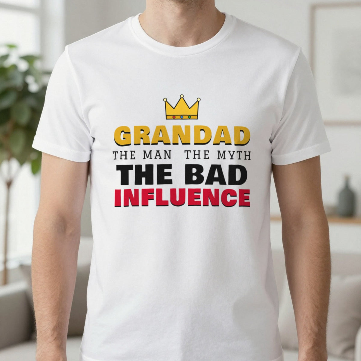 Grandad The Man The Myth The Bad Influence Funny T-Shirt & Sweatshirt in White (T-Shirt), worn, our photo