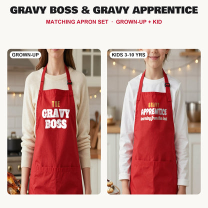 Gravy Boss & Gravy Apprentice matching apron set in Red: grown-up and kids aprons, our photo