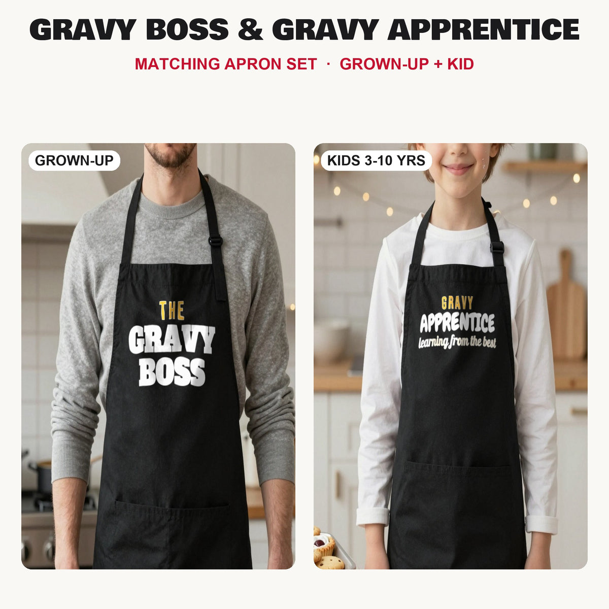 Gravy Boss & Gravy Apprentice matching apron set in Black: grown-up and kids aprons, our photo