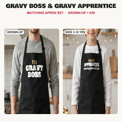 Gravy Boss & Gravy Apprentice matching apron set in Black: grown-up and kids aprons, our photo