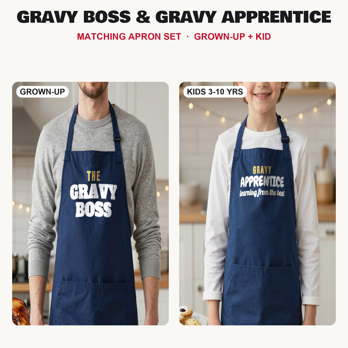 Gravy Boss & Gravy Apprentice matching apron set in Navy: grown-up and kids aprons, our photo