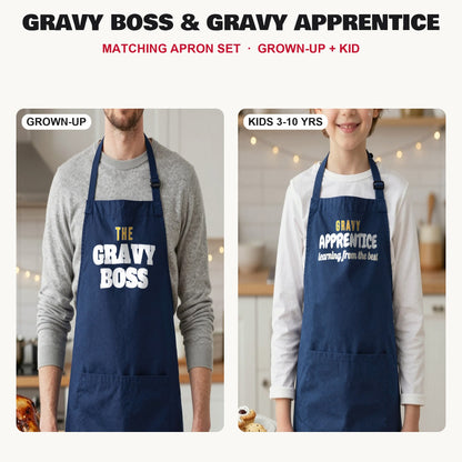 Gravy Boss & Gravy Apprentice matching apron set in Navy: grown-up and kids aprons, our photo