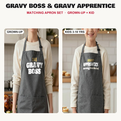 Gravy Boss & Gravy Apprentice matching apron set in Dark Grey: grown-up and kids aprons, our photo