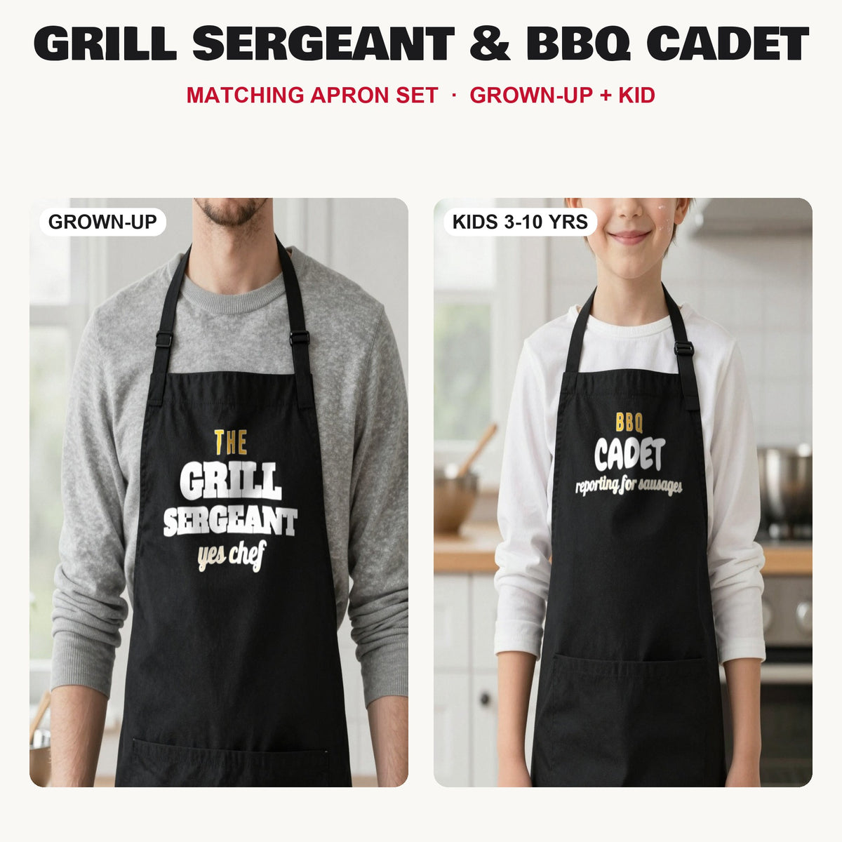 Grill Sergeant & BBQ Cadet matching apron set in Black: grown-up and kids aprons, our photo
