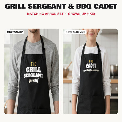 Grill Sergeant & BBQ Cadet matching apron set in Black: grown-up and kids aprons, our photo