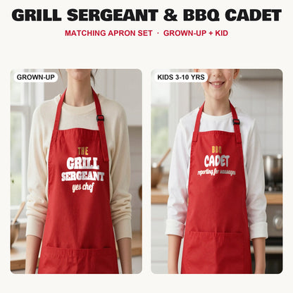 Grill Sergeant & BBQ Cadet matching apron set in Red: grown-up and kids aprons, our photo