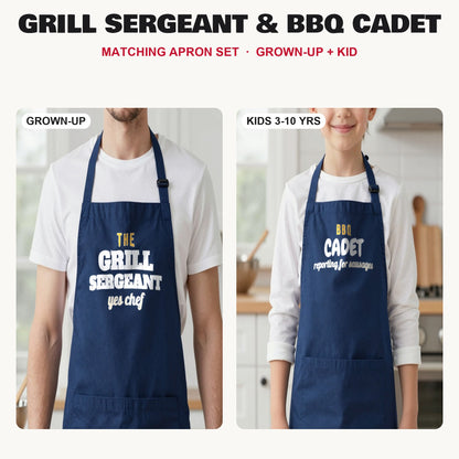 Grill Sergeant & BBQ Cadet matching apron set in Navy: grown-up and kids aprons, our photo