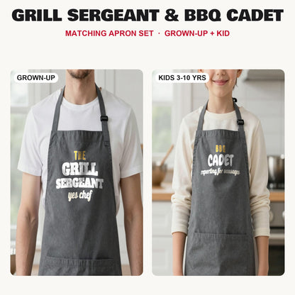Grill Sergeant & BBQ Cadet matching apron set in Dark Grey: grown-up and kids aprons, our photo