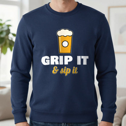Grip It And Sip It Funny Golf T-Shirt & Sweatshirt in Navy (Sweatshirt), worn, our photo