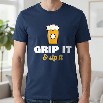 Grip It And Sip It Funny Golf T-Shirt & Sweatshirt in Navy (T-Shirt), worn, our photo