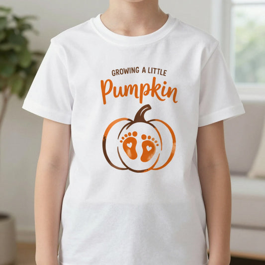 Growing A Little Pumpkin Kids Halloween T-Shirt worn, lifestyle photo