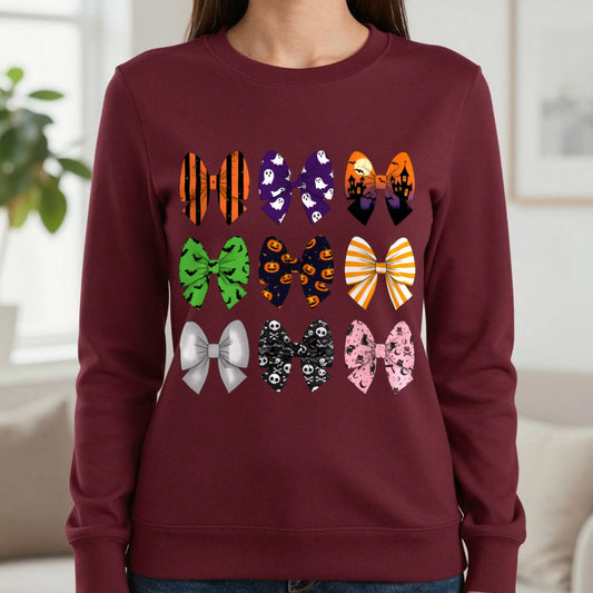 Halloween Bow Pattern Sweatshirt in Maroon, worn, our photo
