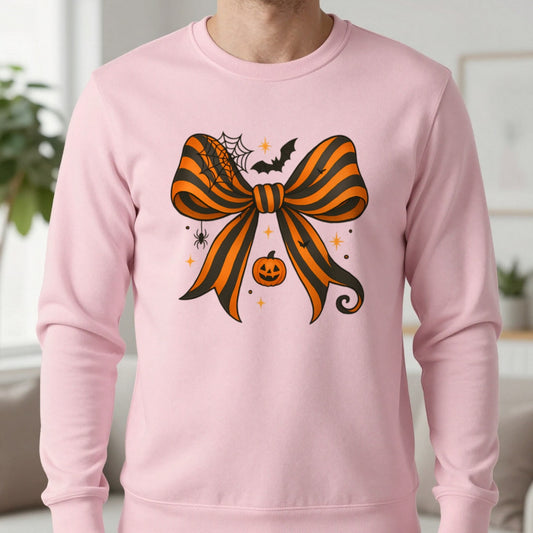 Halloween Bow Pumpkin Sweatshirt in Light Pink, worn, our photo