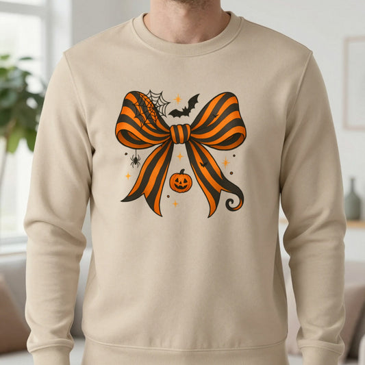 Halloween Bow Pumpkin Sweatshirt in Sand, worn, our photo