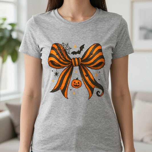 Halloween Bow T-Shirt in Sport Grey, worn, our photo
