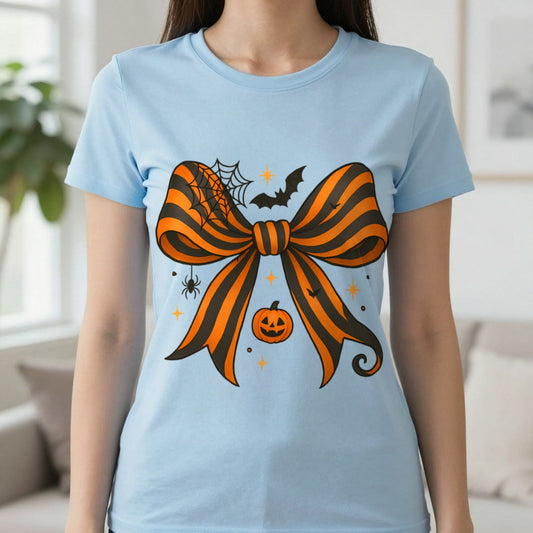 Halloween Bow T-Shirt in Light Blue, worn, our photo