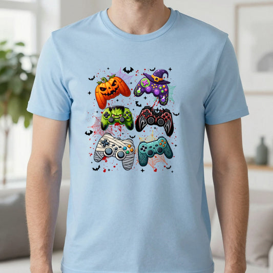Halloween Gamer Controller T-Shirt in Light Blue, worn, our photo